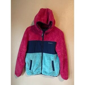 Eddie Bauer Kids L(14/16) Pink Blue Fuzzy Fleece Hooded Jacket Warm Soft Cozy
